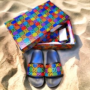 Gucci G Logo Monogram Psychedelic Luxury Colorful Casual Slides 7.5 USA Box
